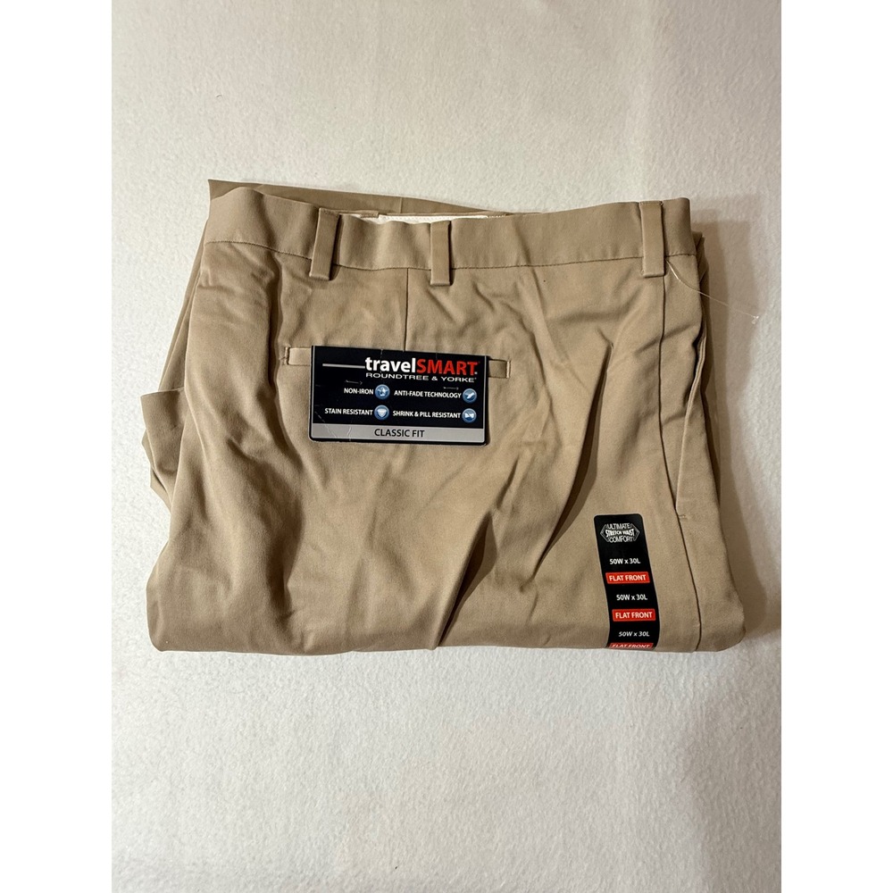 Roundtree & Yorke Chino Pants Mens 50x30 Khaki NEW TravelSmart Flat Front